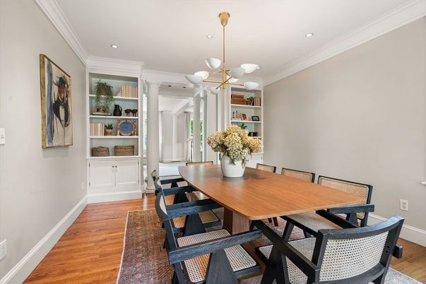 Dining room, Interior, Pendant Lights, Recessed Lighting, Wood Texture Flooring