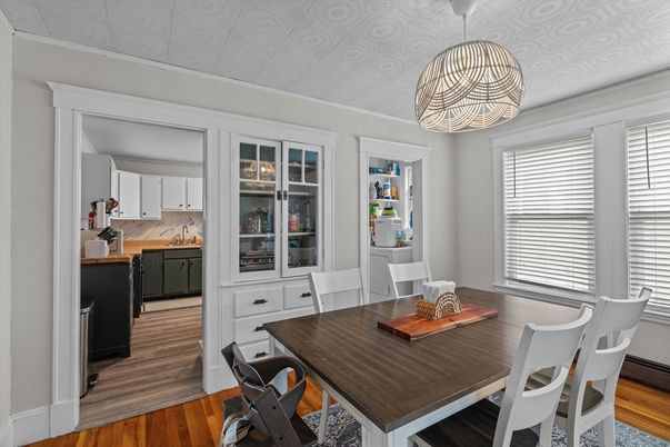 Dining room, Interior, Pendant Lights, Wood Texture Flooring