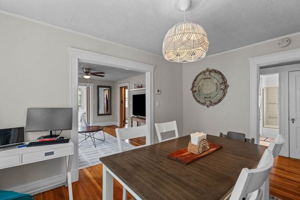 Dining room, Interior, Pendant Lights, Wood Texture Flooring