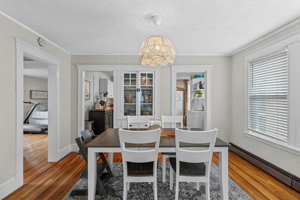 Dining room, Interior, Pendant Lights, Wood Texture Flooring