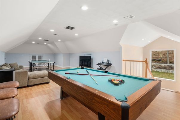 Billiard Table, Game Room, Interior, Recessed Lighting, Wood Texture Flooring