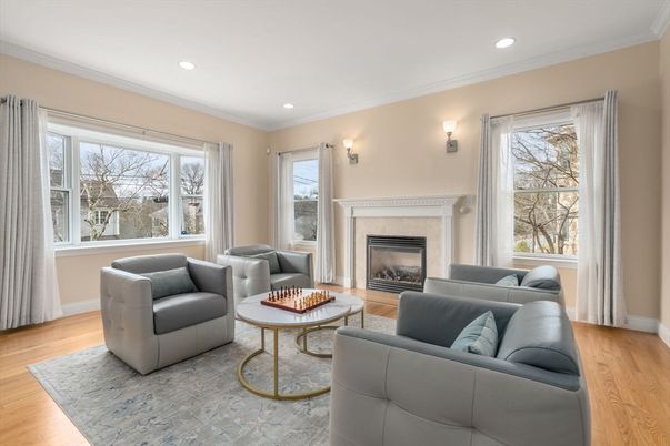Fireplace, Interior, Living room, Recessed Lighting, Wood Texture Flooring
