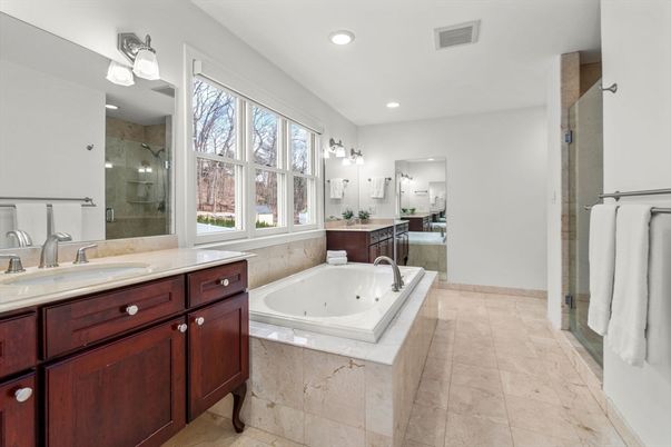 Bathroom, Dual Sink Vanities, Glass Shower, Interior, Recessed Lighting