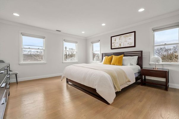 Bedroom, Interior, Recessed Lighting, Wood Texture Flooring