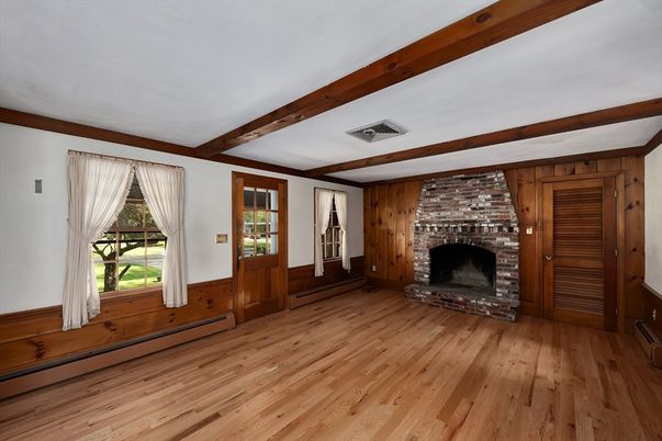 Empty room, Fireplace, Interior, Stone Walls, Wooden Beams, Wood Texture Flooring, Wooden Walls