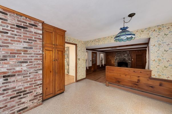 Fireplace, Interior, Pendant Lights, Stone Walls, Wood Texture Flooring