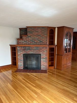 Empty room, Fireplace, Interior, Stone Walls, Wood Texture Flooring