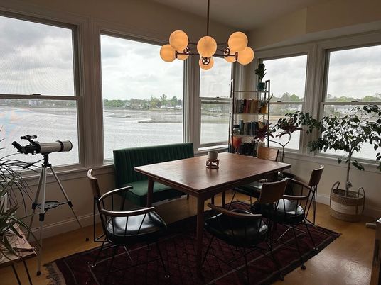 Dining room, Interior, Pendant Lights, Water, Wood Texture Flooring