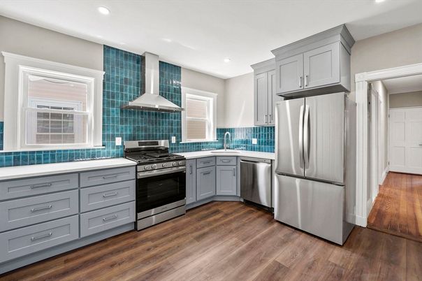 Interior, Kitchen, Recessed Lighting, Stainless Steel Appliances, Wood Texture Flooring
