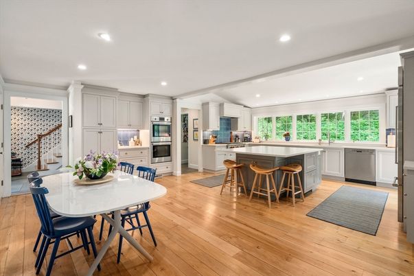 Dining room, Interior, Kitchen, Recessed Lighting, Stainless Steel Appliances, Wood Texture Flooring