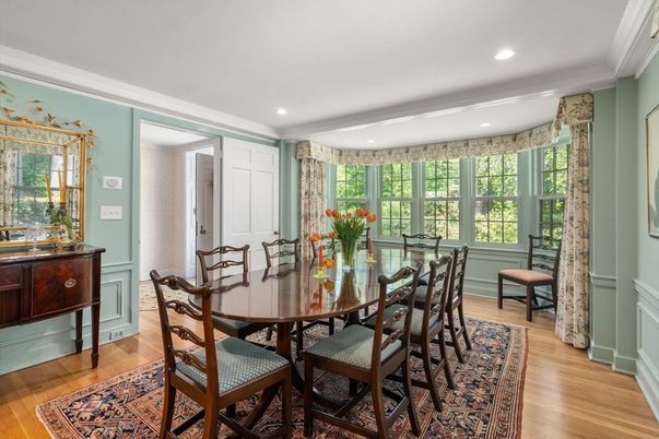 Dining room, Interior, Recessed Lighting, Wood Texture Flooring