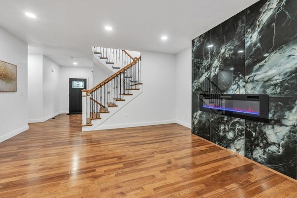 Interior, Marble Walls, Recessed Lighting, Wood Texture Flooring