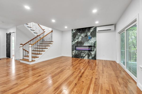 Fireplace, Interior, Recessed Lighting, Wood Texture Flooring