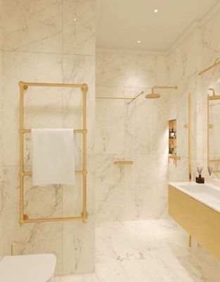 Bathroom, Glass Shower, Interior, Marble, Marble Walls, Recessed Lighting