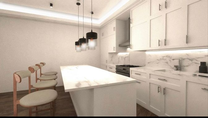 Interior, Kitchen, Marble Walls, Pendant Lights, Wood Texture Flooring