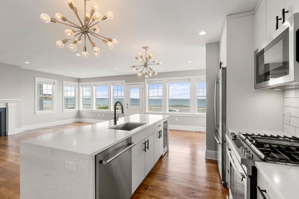 Interior, Kitchen, Pendant Lights, Recessed Lighting, Stainless Steel Appliances, Water, Wood Texture Flooring