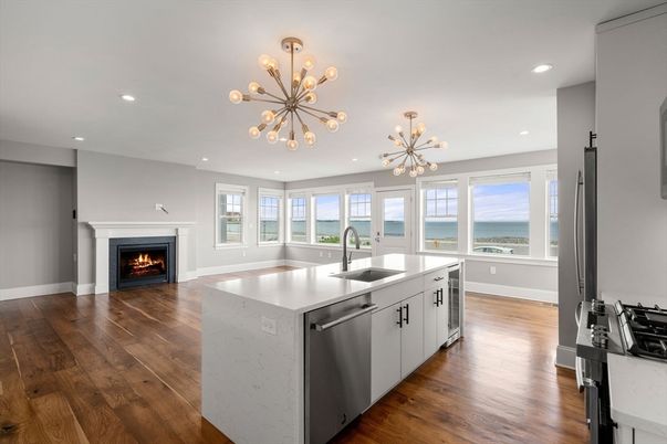 Fireplace, Interior, Kitchen, Pendant Lights, Recessed Lighting, Water, Wood Texture Flooring