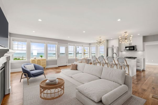 Dining room, Fireplace, Interior, Kitchen, Living room, Pendant Lights, Recessed Lighting, Stainless Steel Appliances, Wood Texture Flooring