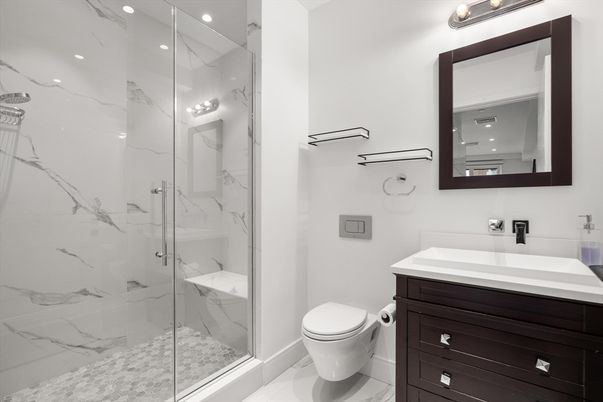 Bathroom, Glass Shower, Interior, Marble Walls, Recessed Lighting
