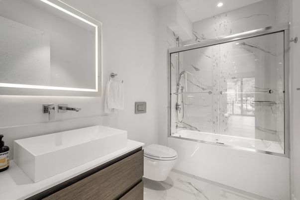 Bathroom, Glass Shower, Interior, Marble, Marble Walls, Recessed Lighting