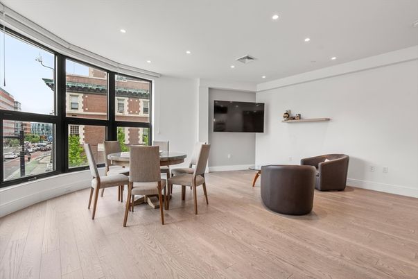 Dining room, Interior, Recessed Lighting, Wood Texture Flooring