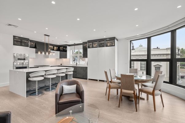 Dining room, Interior, Kitchen, Pendant Lights, Recessed Lighting, Stainless Steel Appliances, Wood Texture Flooring