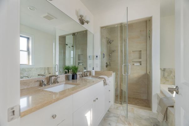 Bathroom, Dual Sink Vanities, Glass Shower, Interior, Marble