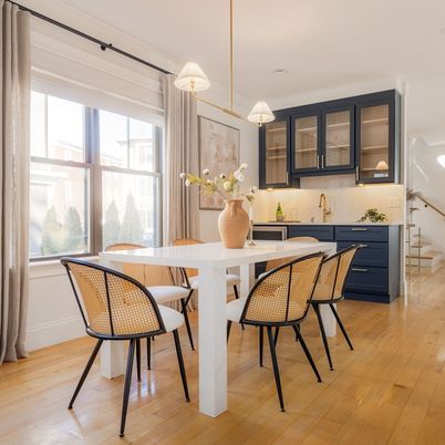 Dining room, Interior, Pendant Lights, Wood Texture Flooring