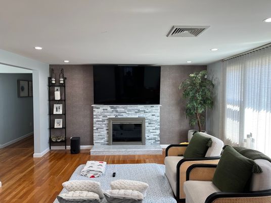 Fireplace, Interior, Living room, Recessed Lighting, Wood Texture Flooring