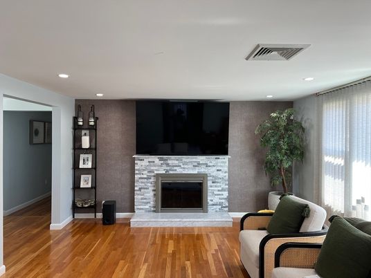 Fireplace, Interior, Recessed Lighting, Wood Texture Flooring