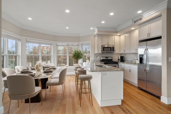 Dining room, Interior, Kitchen, Recessed Lighting, Stainless Steel Appliances, Wood Texture Flooring