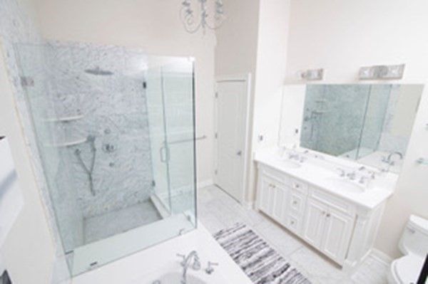 Bathroom, Dual Sink Vanities, Glass Shower, Interior, Marble, Marble Walls