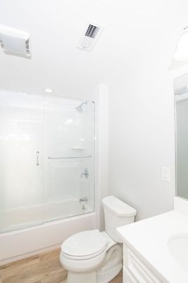 Bathroom, Glass Shower, Interior, Recessed Lighting, Wood Texture Flooring