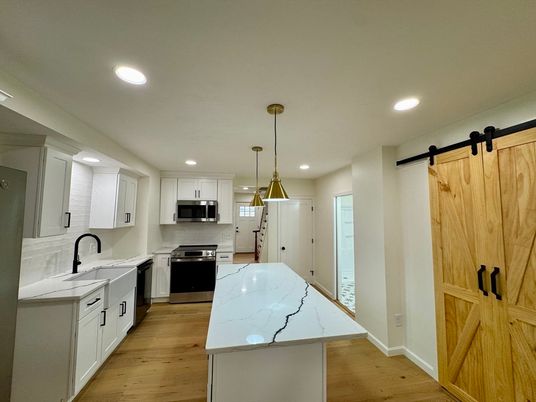 Interior, Kitchen, Pendant Lights, Recessed Lighting, Stainless Steel Appliances, Wood Texture Flooring