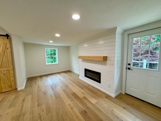 Empty room, Fireplace, Interior, Recessed Lighting, Wood Texture Flooring