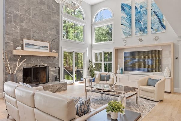 Fireplace, Interior, Living room, Stone Walls, Sun Room, Wood Texture Flooring