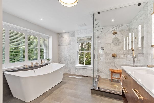 Bathroom, Free Standing Baths, Glass Shower, Interior, Marble Walls, Recessed Lighting