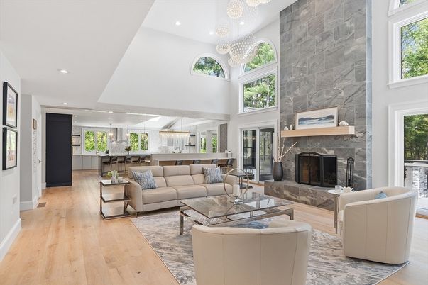 Fireplace, Interior, Kitchen, Living room, Pendant Lights, Recessed Lighting, Stone Walls, Wood Texture Flooring