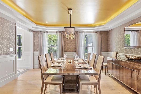 Dining room, Interior, Pendant Lights, Recessed Lighting, Wood Texture Flooring