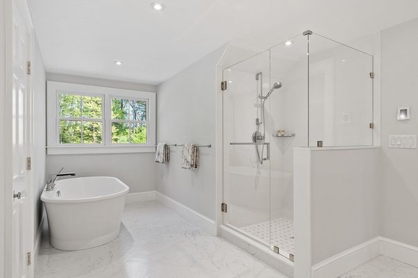 Bathroom, Free Standing Baths, Glass Shower, Interior, Marble, Recessed Lighting