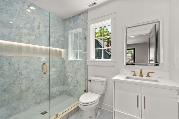 Bathroom, Glass Shower, Interior, Marble Walls, Recessed Lighting