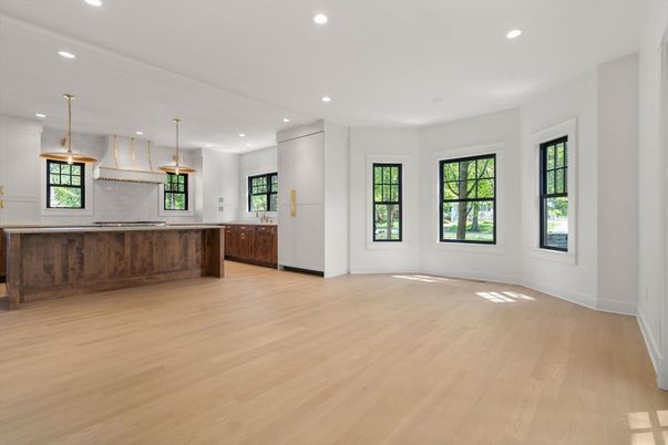 Empty room, Interior, Kitchen, Pendant Lights, Recessed Lighting, Wood Texture Flooring