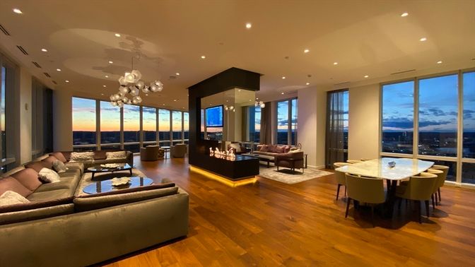 Dining room, Interior, Living room, Pendant Lights, Recessed Lighting, Water, Wood Texture Flooring