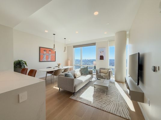 Dining room, Interior, Living room, Pendant Lights, Recessed Lighting, Wood Texture Flooring
