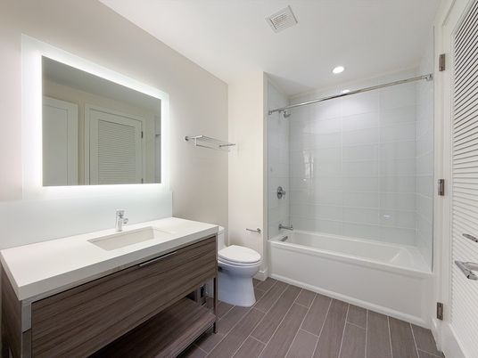 Bathroom, Glass Shower, Interior, Recessed Lighting, Wood Texture Flooring