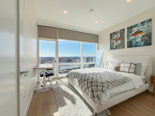 Bedroom, Home Office, Interior, Recessed Lighting, Water, Wood Texture Flooring