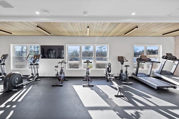 Fitness Equipment, Gym, Interior, Recessed Lighting, Wooden Ceilings