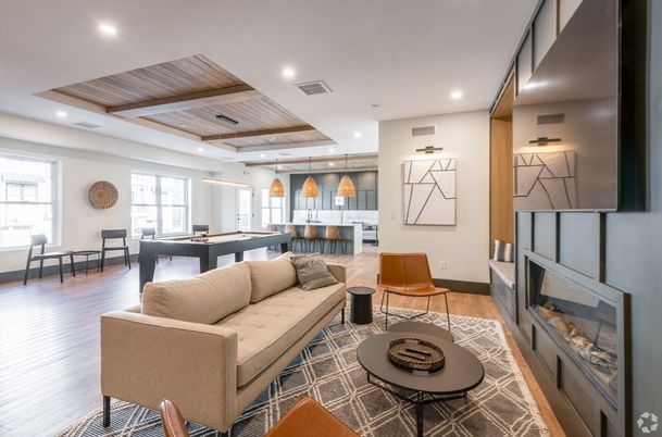 Fireplace, Interior, Kitchen, Living room, Pendant Lights, Recessed Lighting, Wooden Ceilings, Wood Texture Flooring