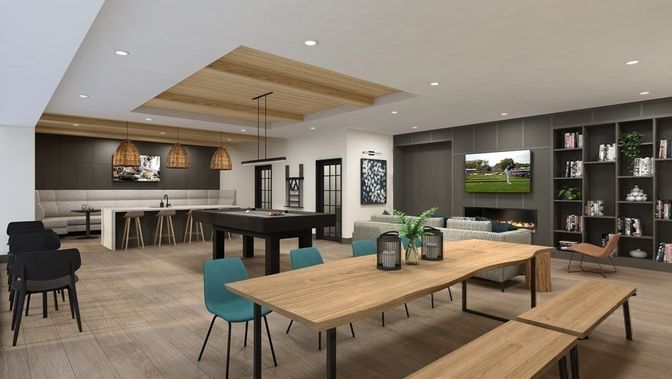 Billiard Table, Dining room, Fireplace, Game Room, Interior, Living room, Pendant Lights, Recessed Lighting, Wooden Ceilings, Wood Texture Flooring