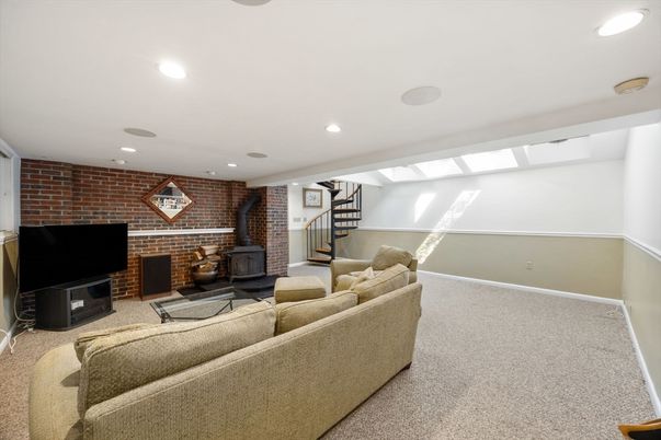 Fireplace, Interior, Living room, Recessed Lighting, Stone Walls